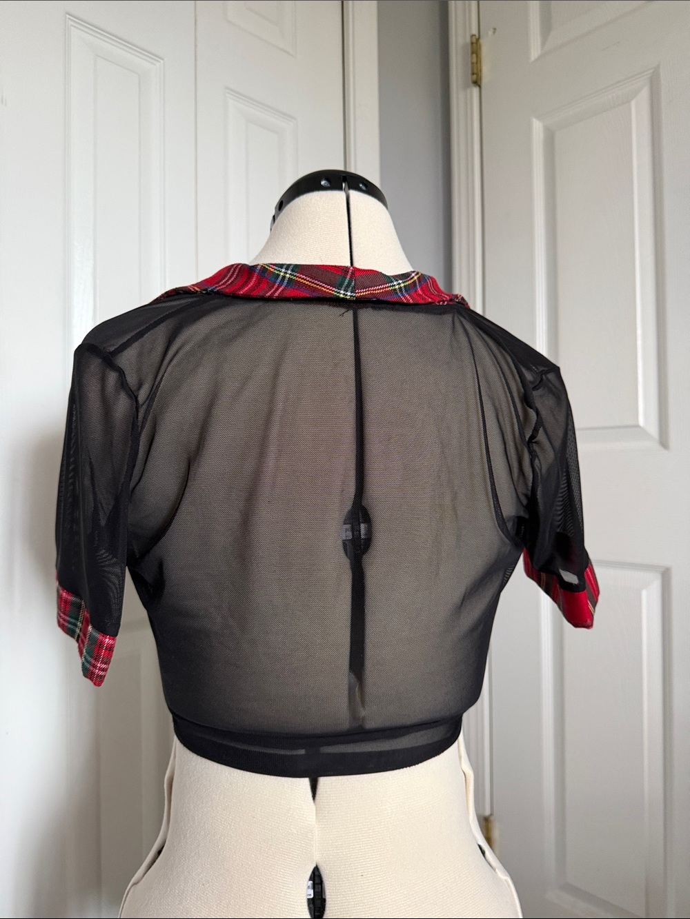 Black Sheer Tie-Front Crop Top with Red Plaid Trim - Picture 4 of 4